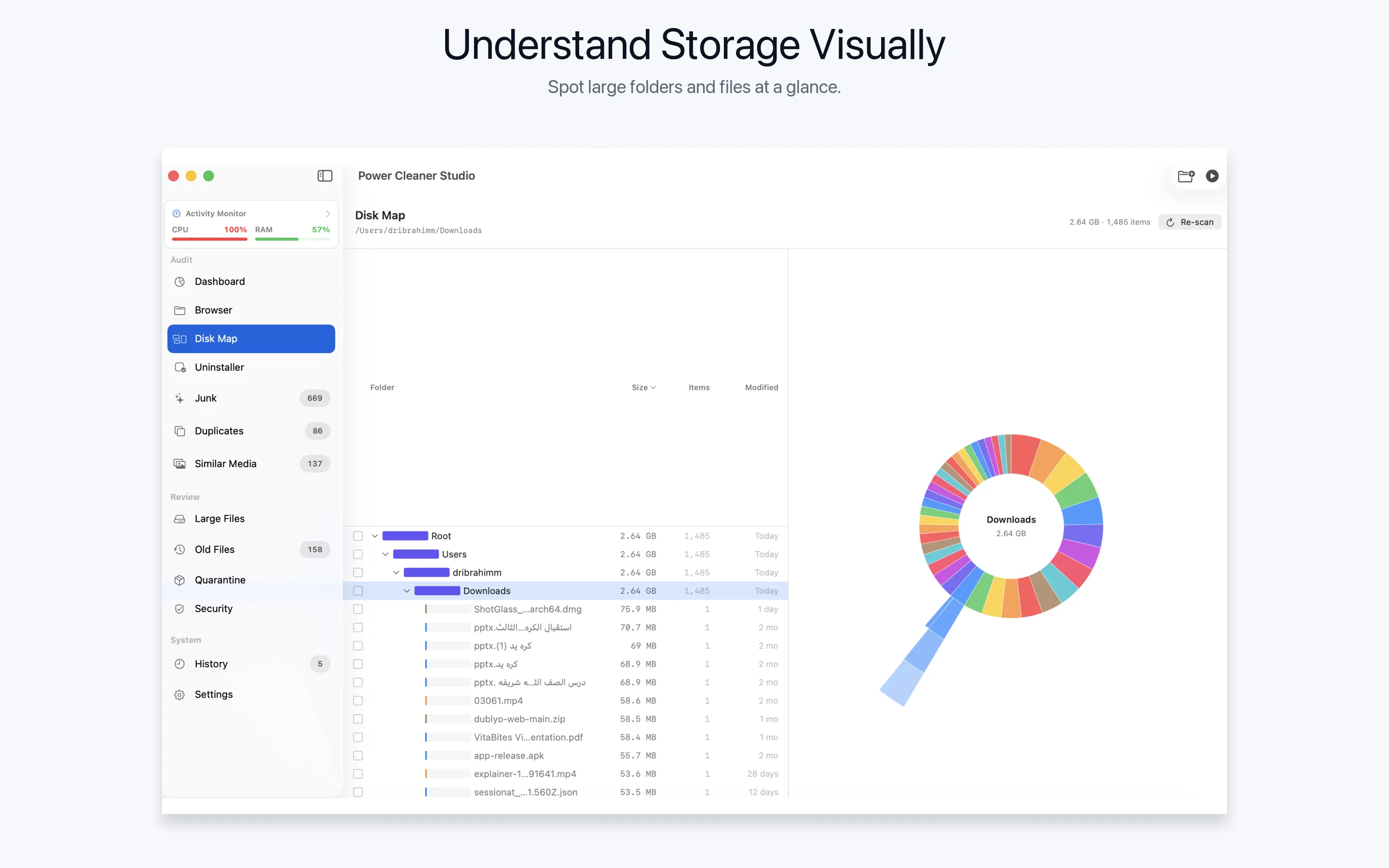 Visual disk map treemap in Power Cleaner Studio showing folder sizes on macOS
