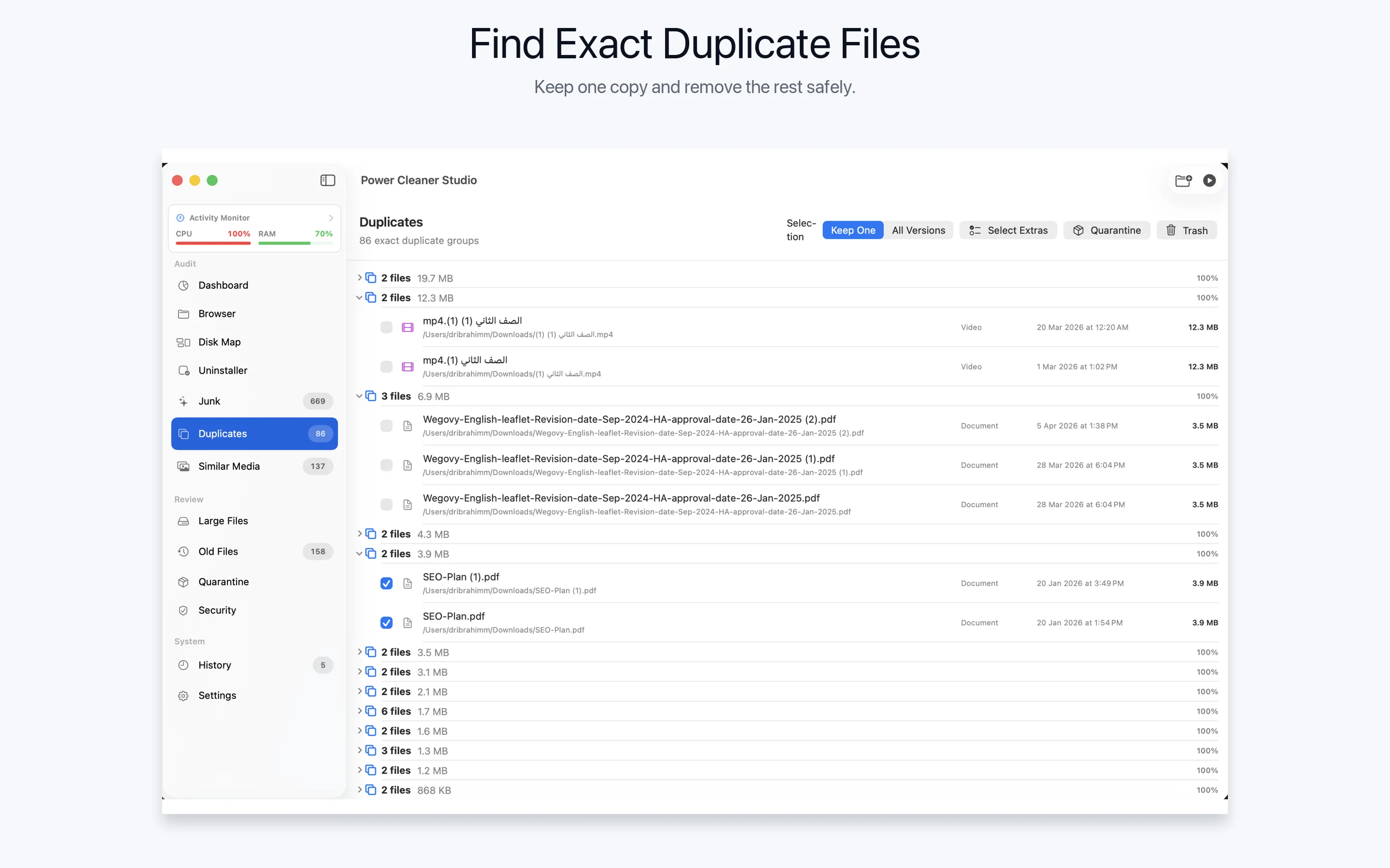 Duplicate file finder in Power Cleaner Studio listing exact duplicate groups with sizes