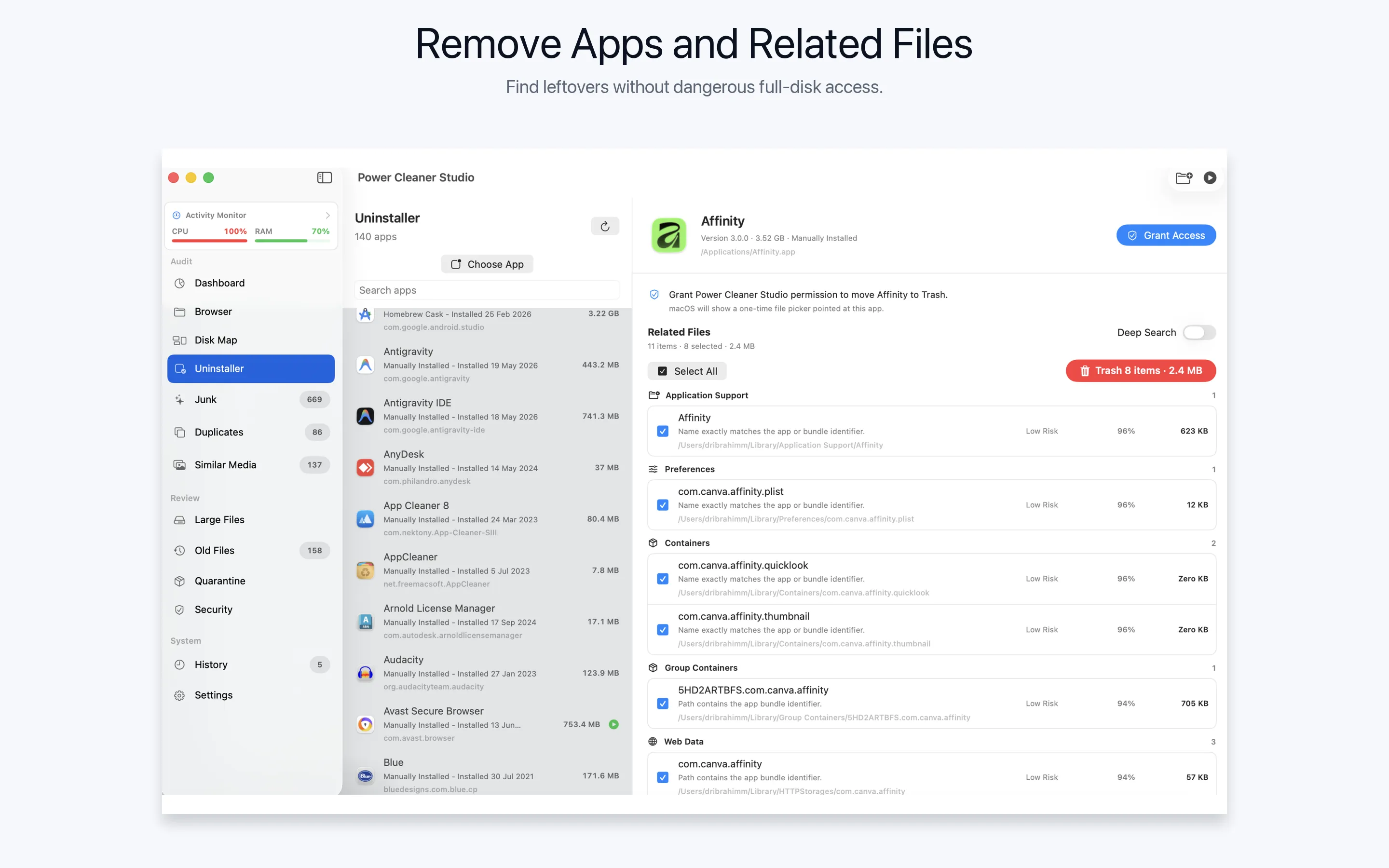 App uninstaller in Power Cleaner Studio showing an app and its leftover related files