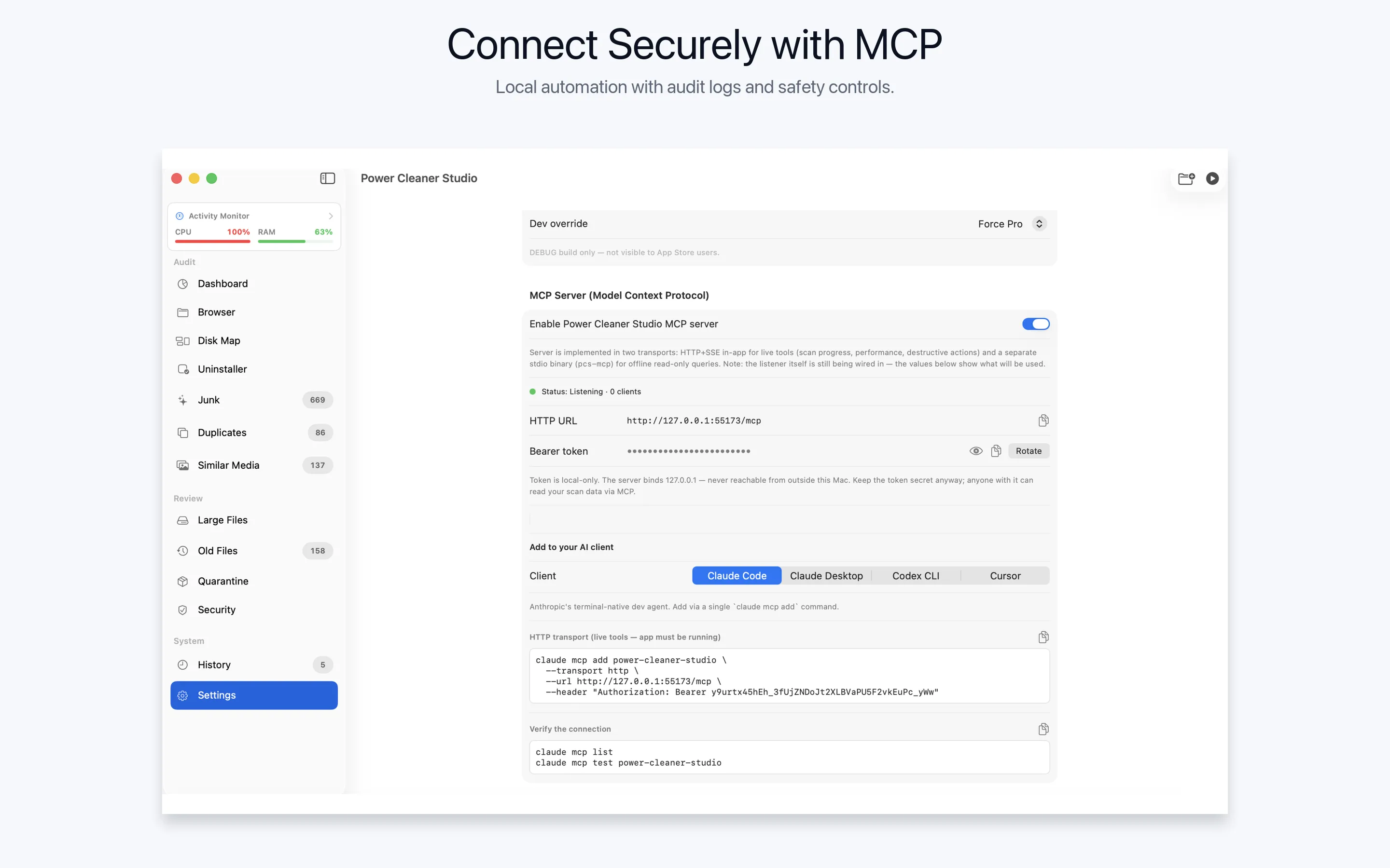 MCP server settings in Power Cleaner Studio for connecting AI agents securely